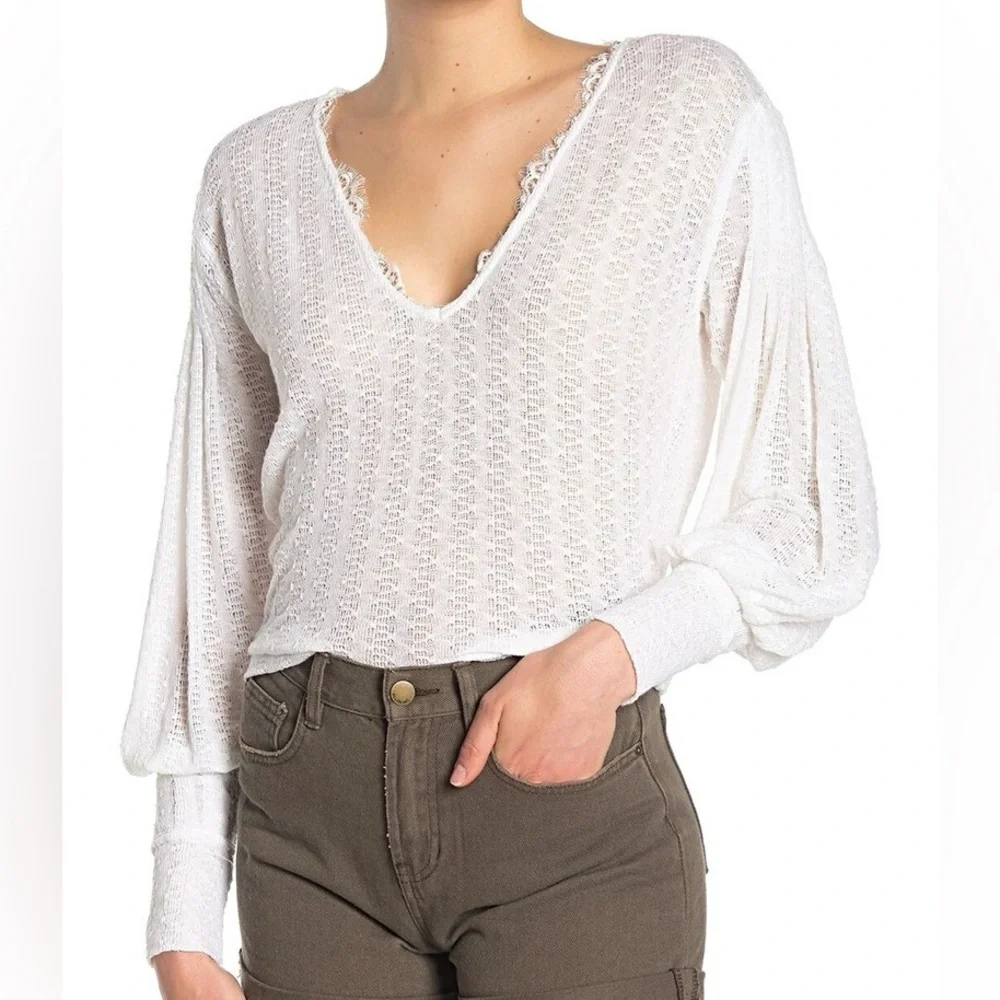 Free People Dream Girl Pointelle Knit Ivory Top- Medium